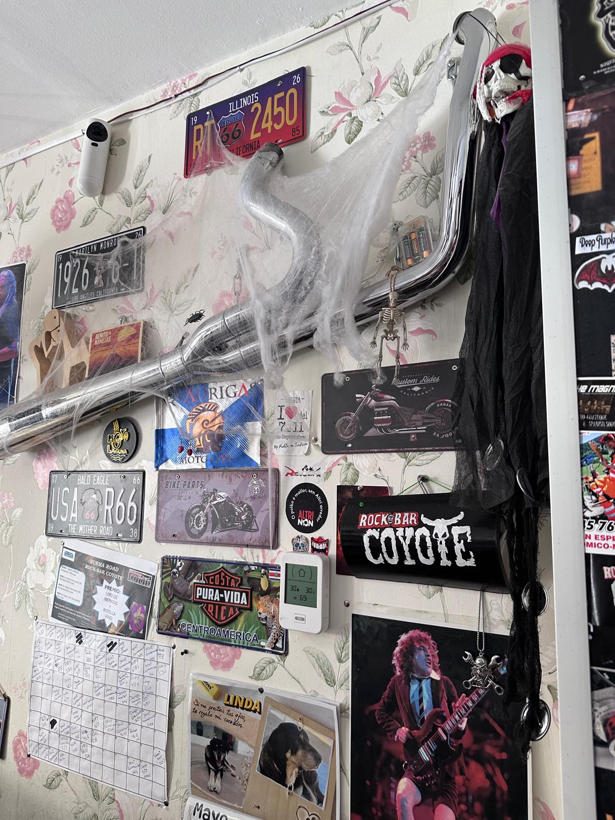 Pared del Bar Coyote con matrículas y pósters de rock