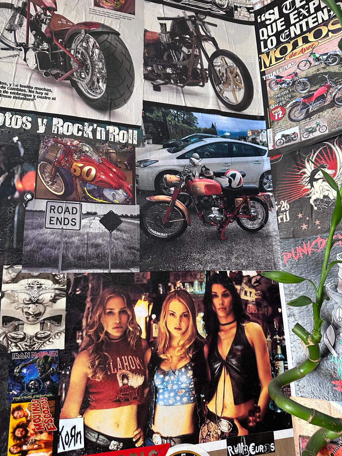 Collage de motos custom y revistas de rock en el Bar Coyote