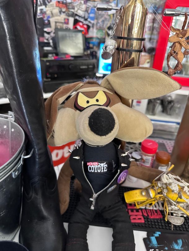 La mascota coyote del Bar Coyote con chaleco rockero